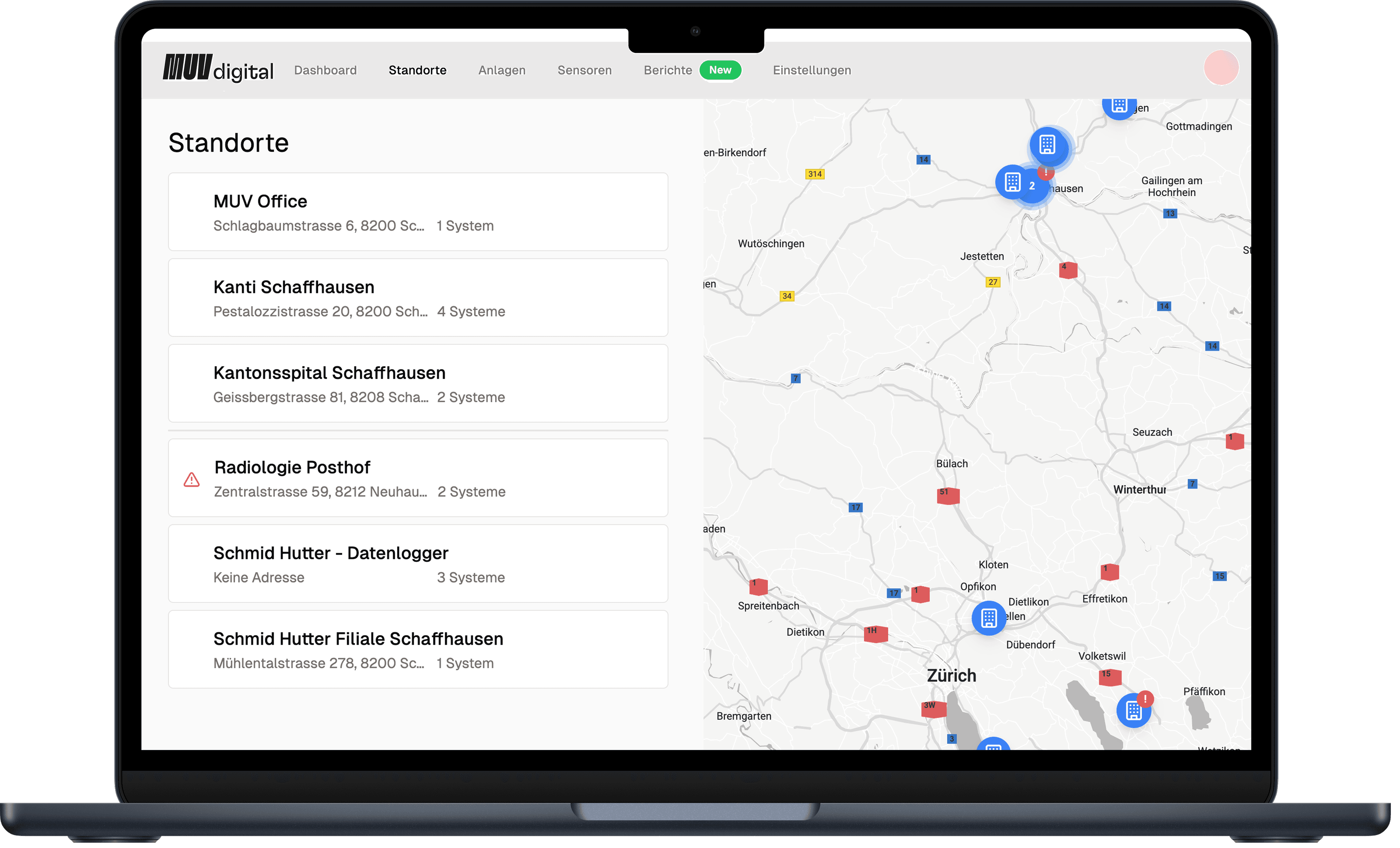 Screenshot MUV Ops: Standortliste mit Adressen und Karte der Schweiz mit Markierungen